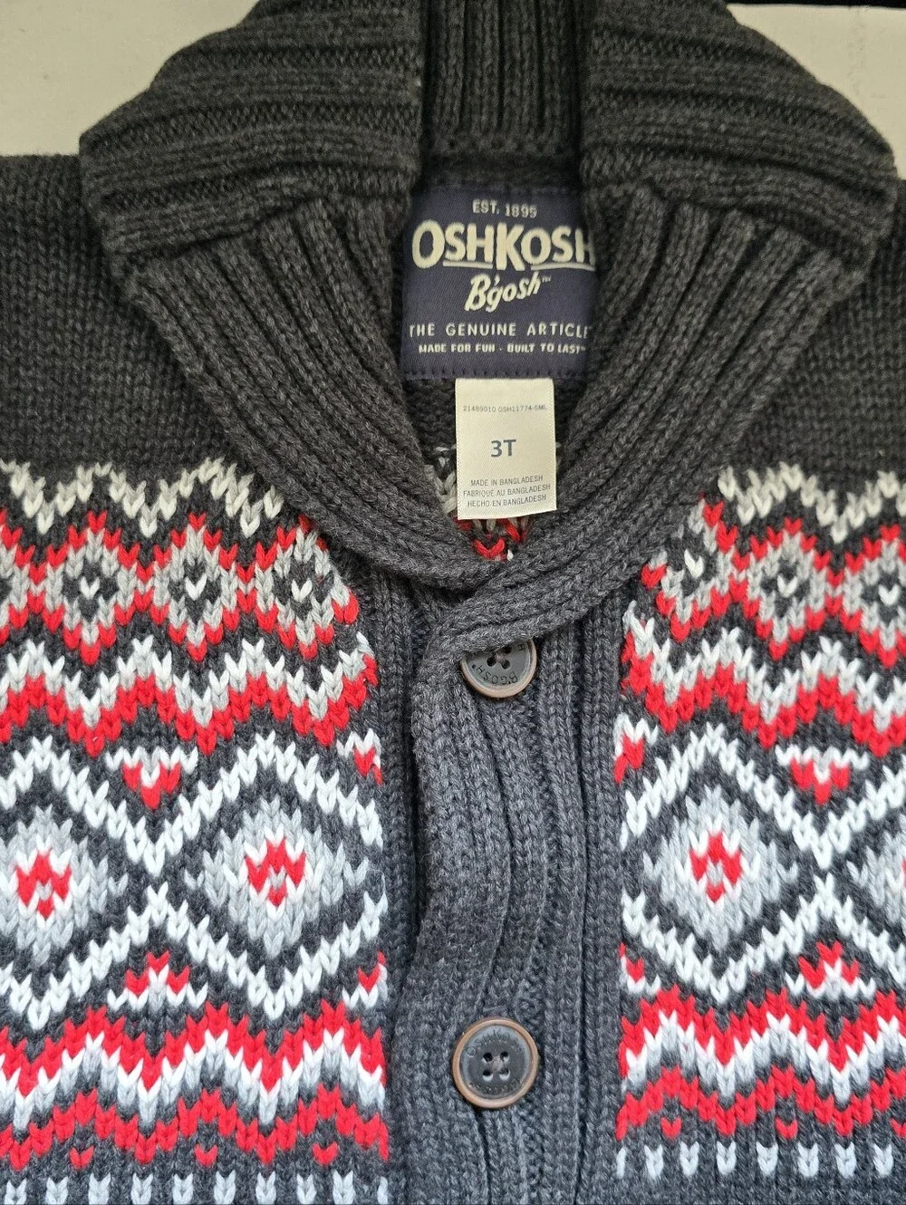 OshKosh B'gosh Gray Knit Cardigan with Red and White Fair Isle